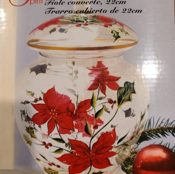 NIB Holiday Spirit 9" Crackle Glas Covered Jar - Poinsettia - Picture 3 of 4
